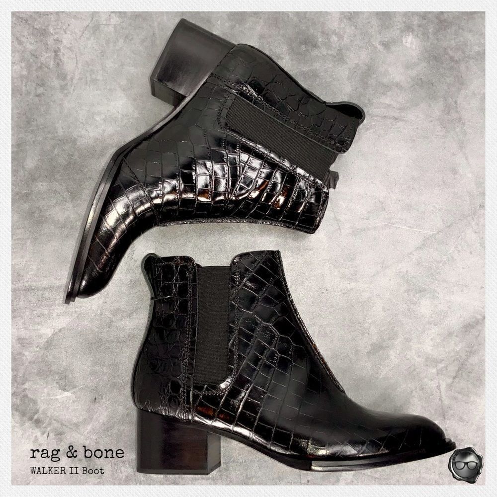 RAG & BONE WALKER II CHELSEA HEELED BOOT IN BLACK CROC EMBOSSED LEATHER SIZE 6.5